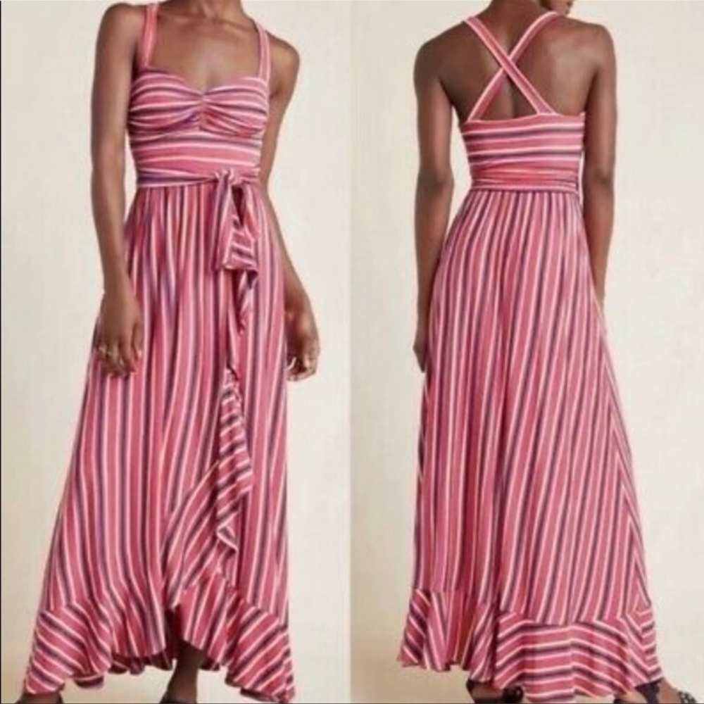 Anthropologie Maeve Gabriela Ruffled Maxi Dress Hippie Boho Pink Striped
